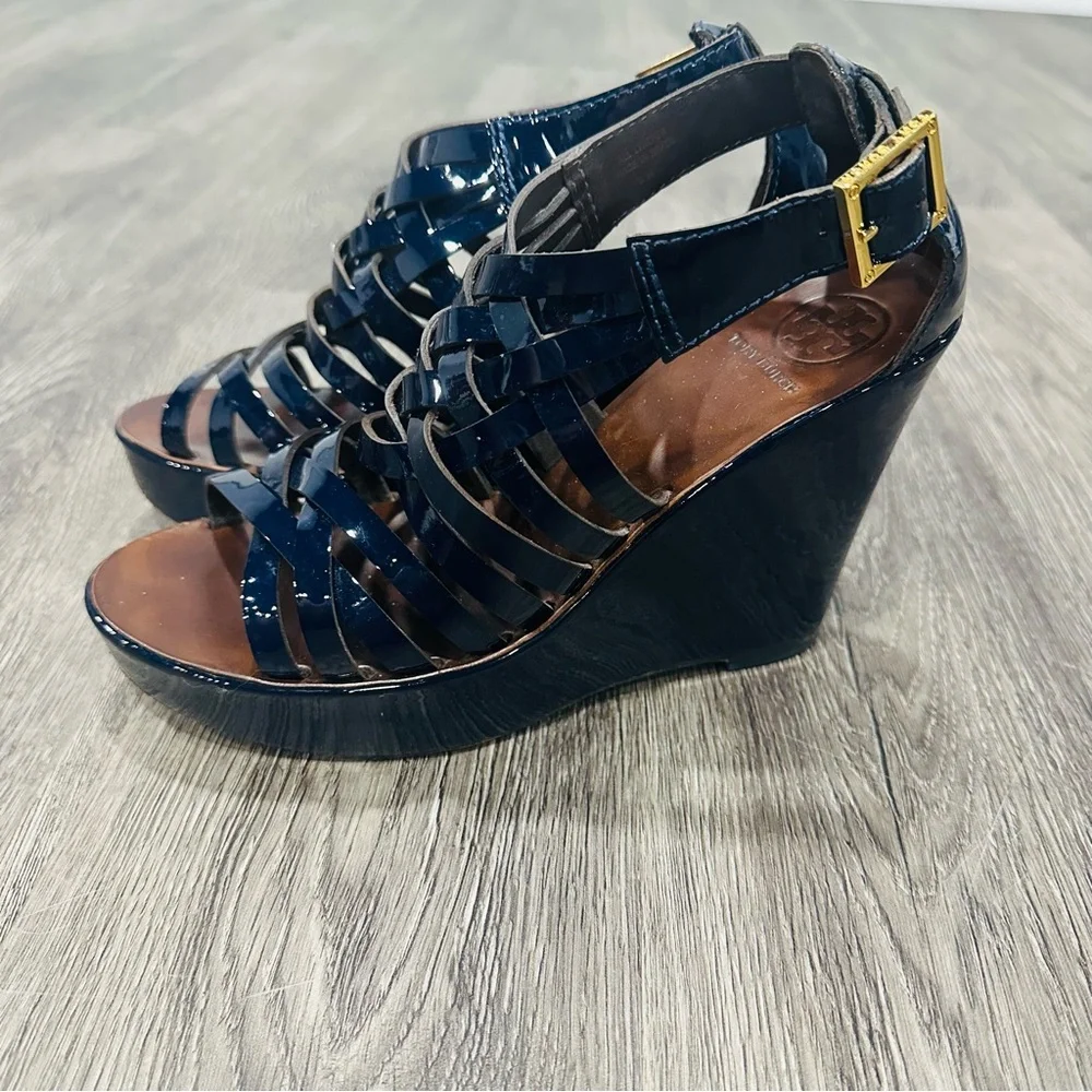 Tory Burch Blue and Brown Wedge Sandals with Stylish Straps